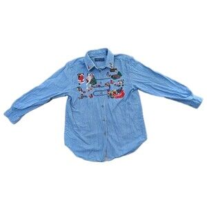 Karen Scott Embroidered Denim Christmas Santa's  Workshop Long Sleeve Size PL